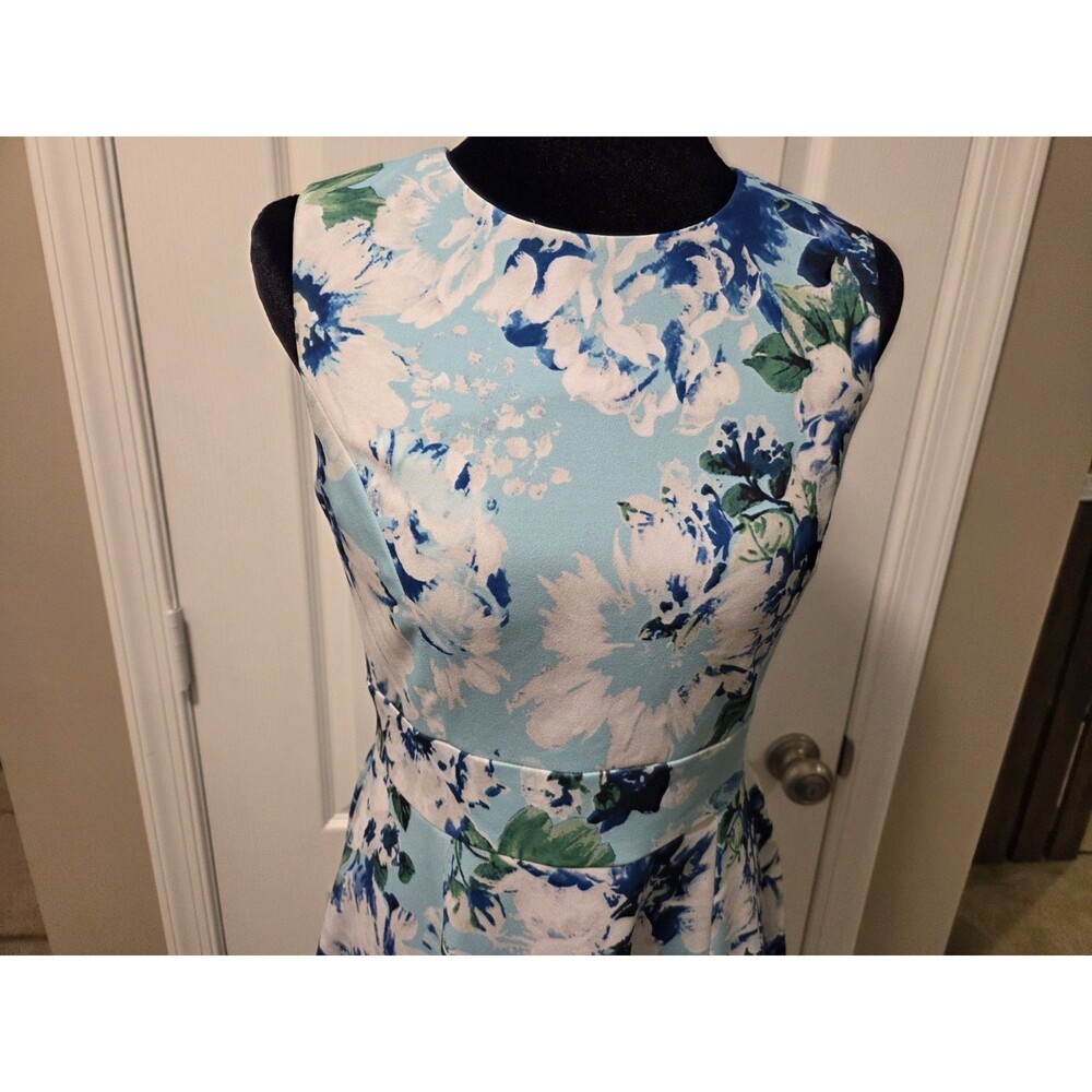 Calvin Klein Petite Floral Fit & Flare Dress in Blue and White - 6P